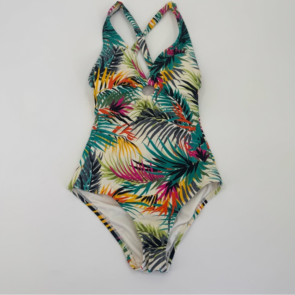 Shade & Shore Tropical Print Plunge Ring Detail One Piece Swimsuit Size Small - Picture 2 of 7